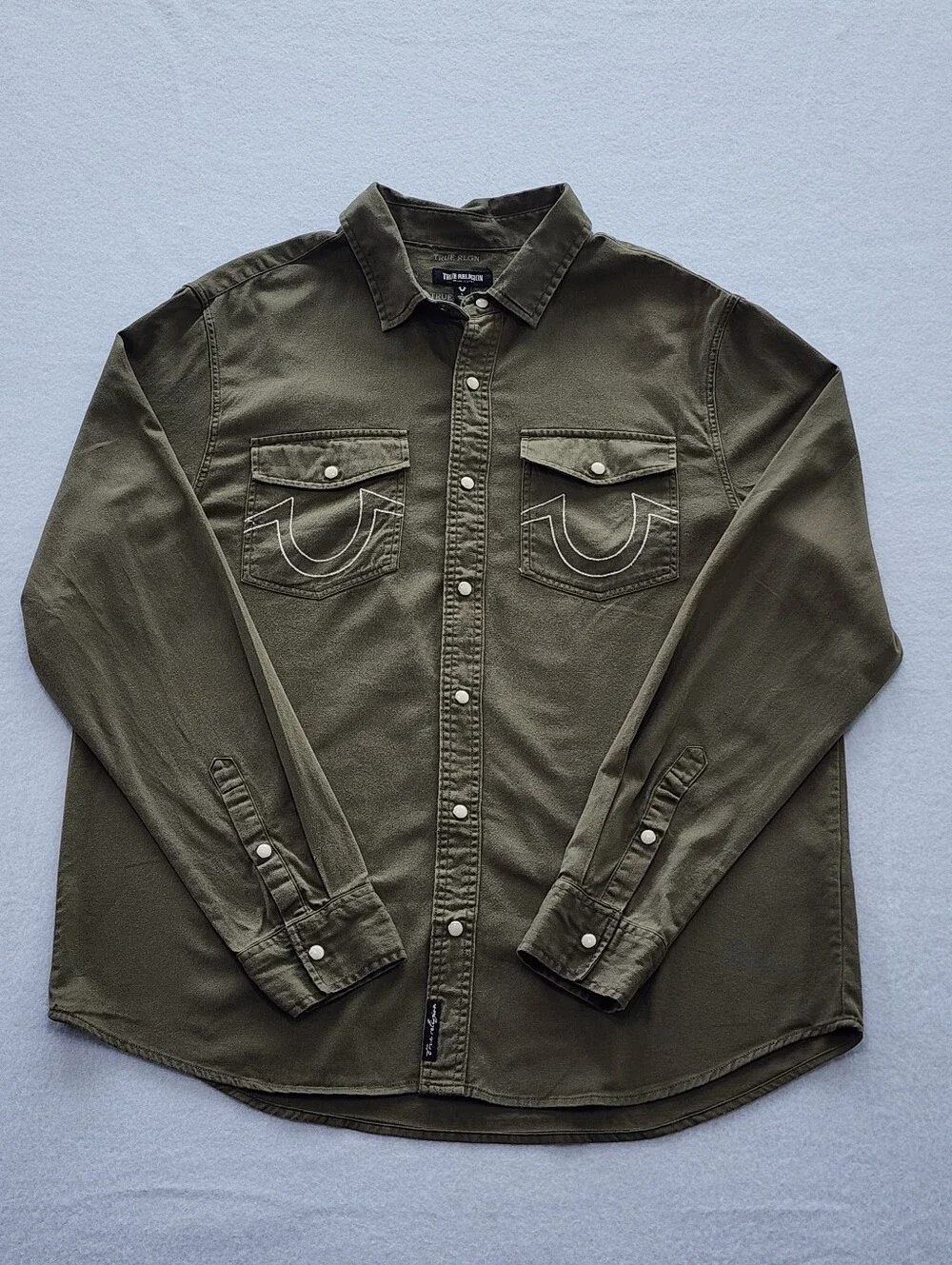 True Religion Olive Green Overshirt Shacket Snap Button Shirt Men XL
